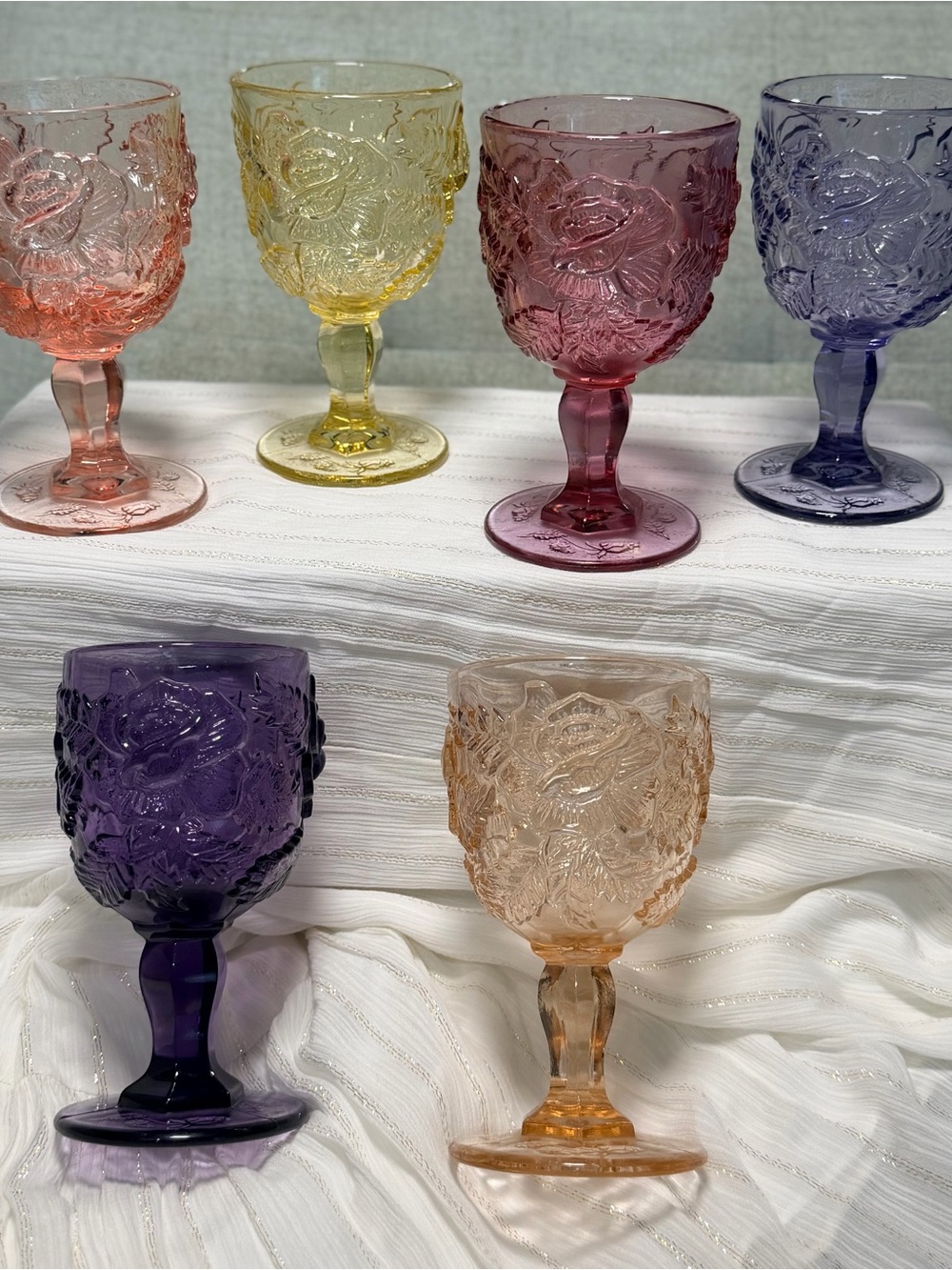 Vintage Wild Rose Water Goblets - Rainbow Set of 6 - Madonna Inn Style